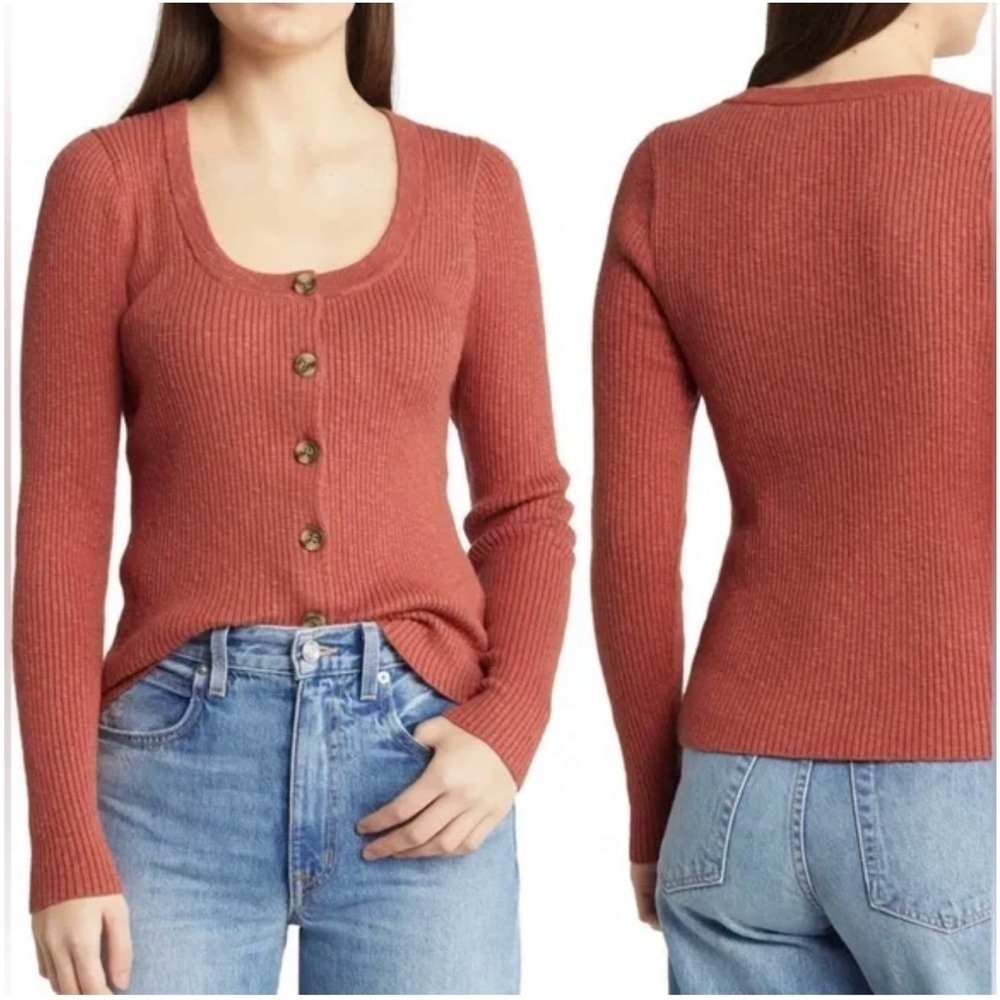 Madewell Top Scoopneck Cardigan Sweater Button Front Ribbed Weathered Brick M